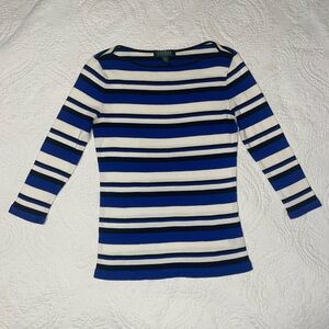 Ralph Lauren Petite Blue Striped Top Womens Size L